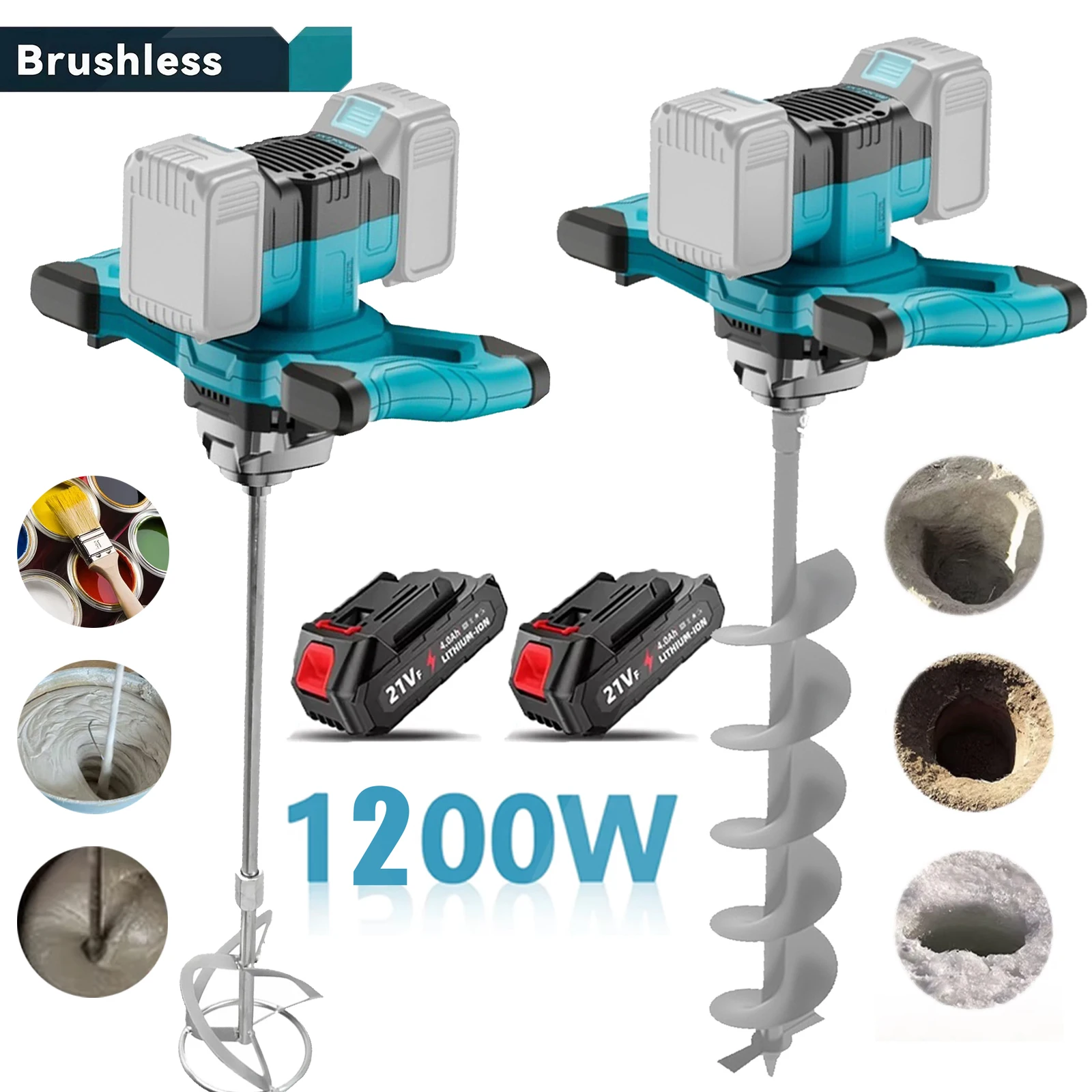 Brushless Electric Ground Drill Electric Cement Mixer Portable Cordless IceDrill Stirring Rod Plaster Tool for Makita21V Battery