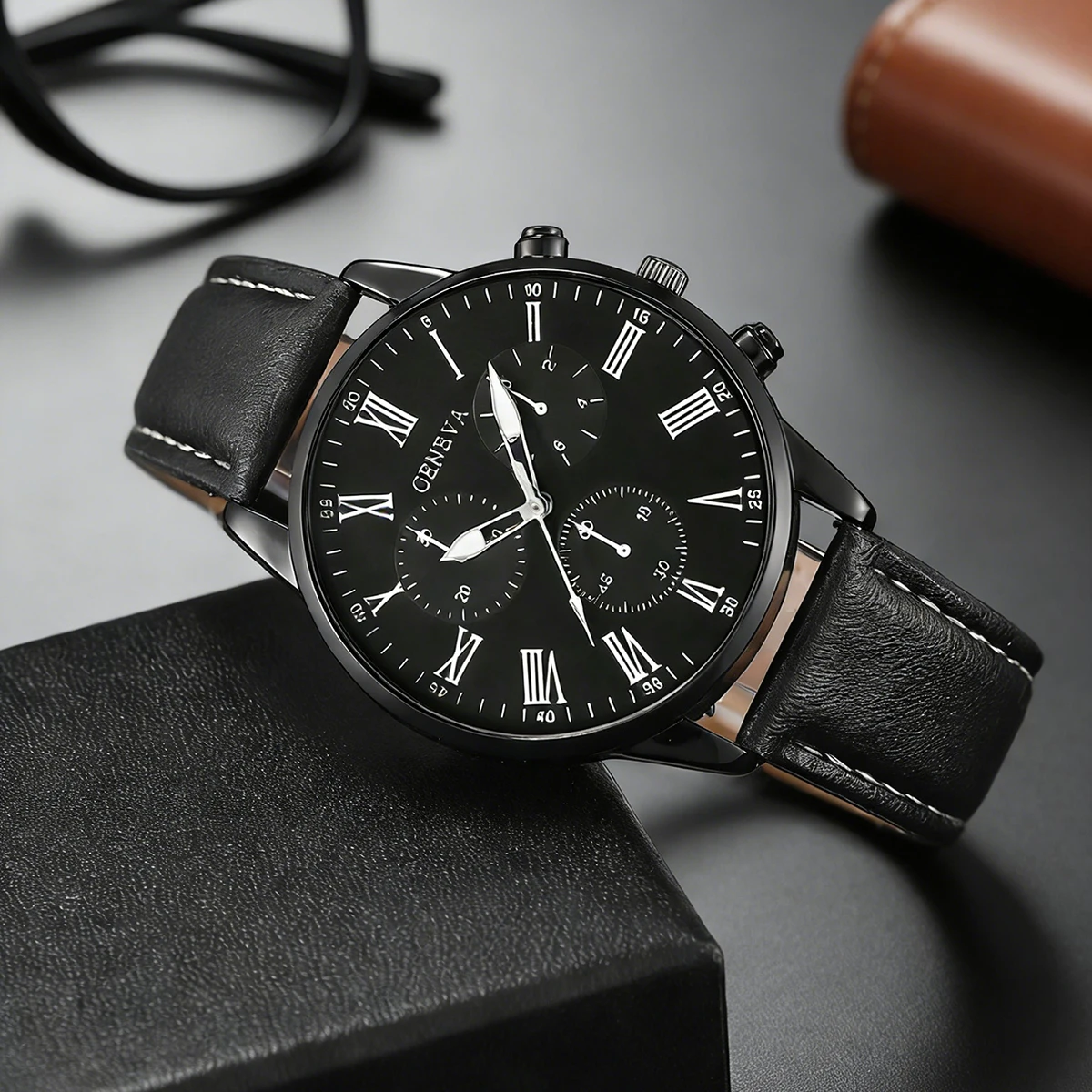 4-Piece Set of New Fashionable Men's Trendy Round Quartz Watches + Pendant Necklace, Ring & Bracelet Jewelry Set, Suitable for Valentine's Day, Easter, Birthday, Christmas Gifts, to Give to Friends, Family, Eid. - view 6