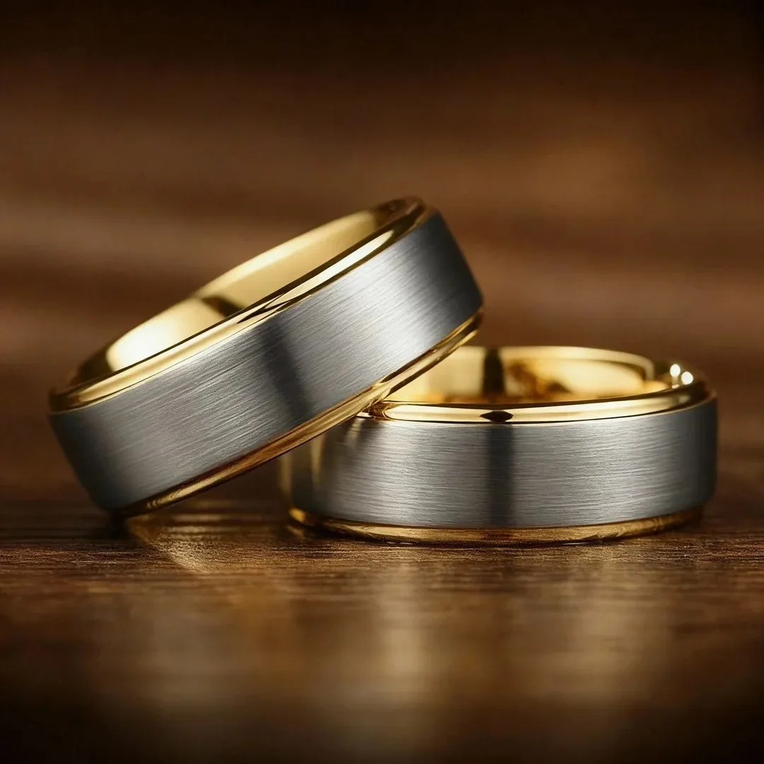 Anillos de acero inoxidable cepillado de Color plateado de 8mm a la moda para hombres, anillos de promesa con borde escalonado de Color dorado, regalo de joyería para fiesta y boda