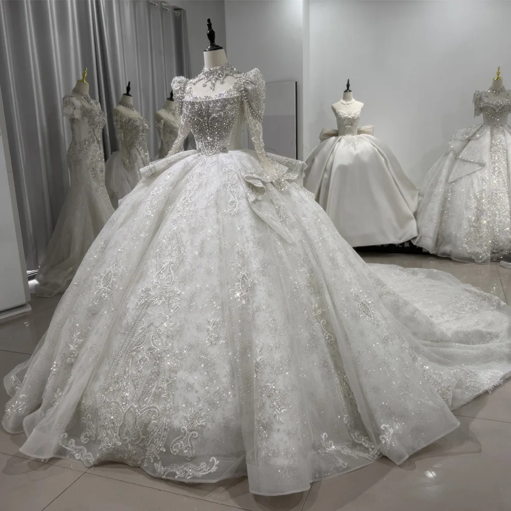 

Robe De Mariée Femme Long Sleeve Wedding Dress Lace Up Back Ball Gown Sequined Beading Crystal Bridal Dress