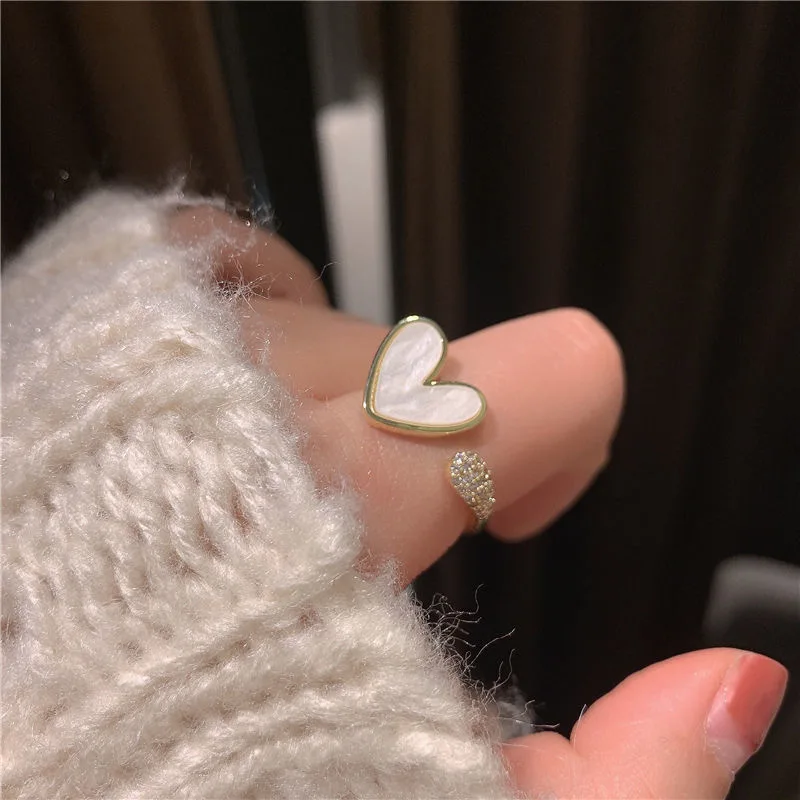 Korean Fashion Shell Love Heart Zircon Rings for Women Exquisite Pearl Flower Open Finger Ring Girls Minimalist Unusual Jewelry