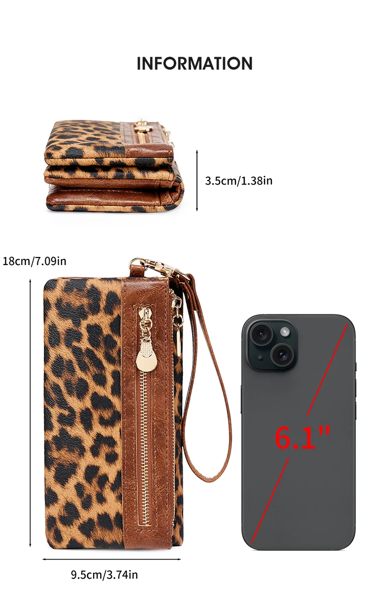 Vintage Damen-Geldbörse mit Leopardenmuster, Doppelreißverschluss, PU-Leder, lange Geldbörse, multifunktionale Kreditkarten-Clutch mit Handgelenkschlaufe – Detail 4