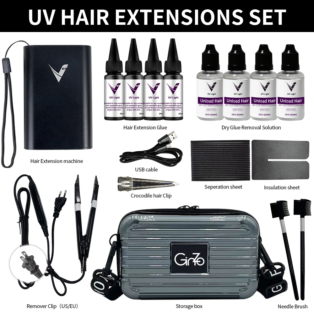 

​Professional UV Light Hair Extension Kit Complete Set with Glue, Remover Machine & V Light Tools for Home or Salon Use​