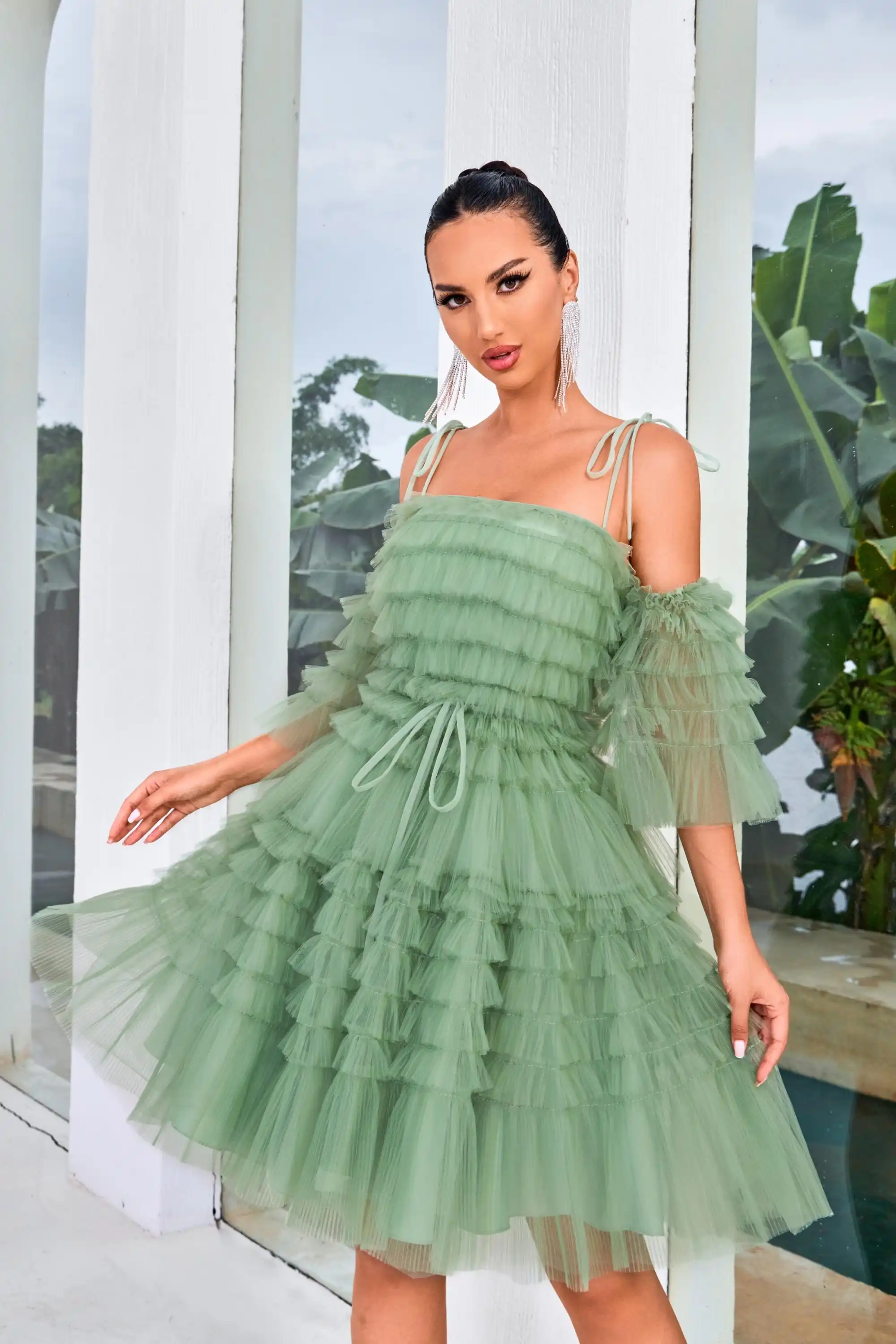 

Tie Straps Ruffled Tulle Above Knee Prom Dresses 2024 Princess Formal Evening Dress Illusion Ball Gown Robe de soirée for Women