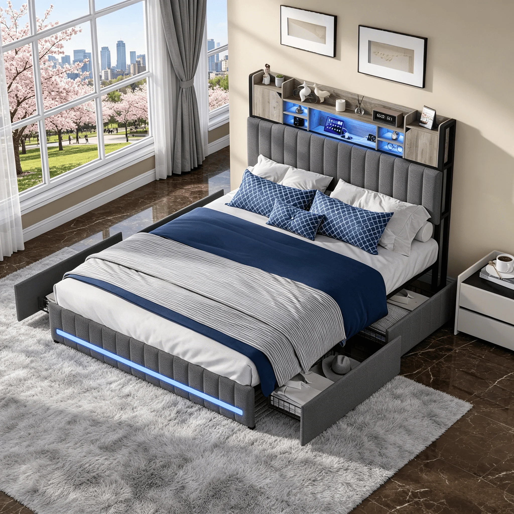 Base de cama tapizada con luz LED 140×200cm, cama doble con cuatro cajones, cabecero con compartimento de almacenamiento y USB, estructura metálica, base de listones, sin colchón