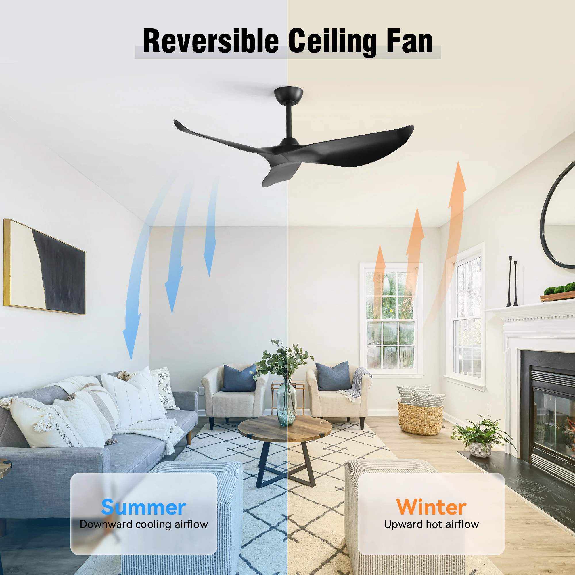 

38-inch black ceiling fan without lights, 3 ABS blades and a powerful DC motor, 1/4/8 hour timer function.
