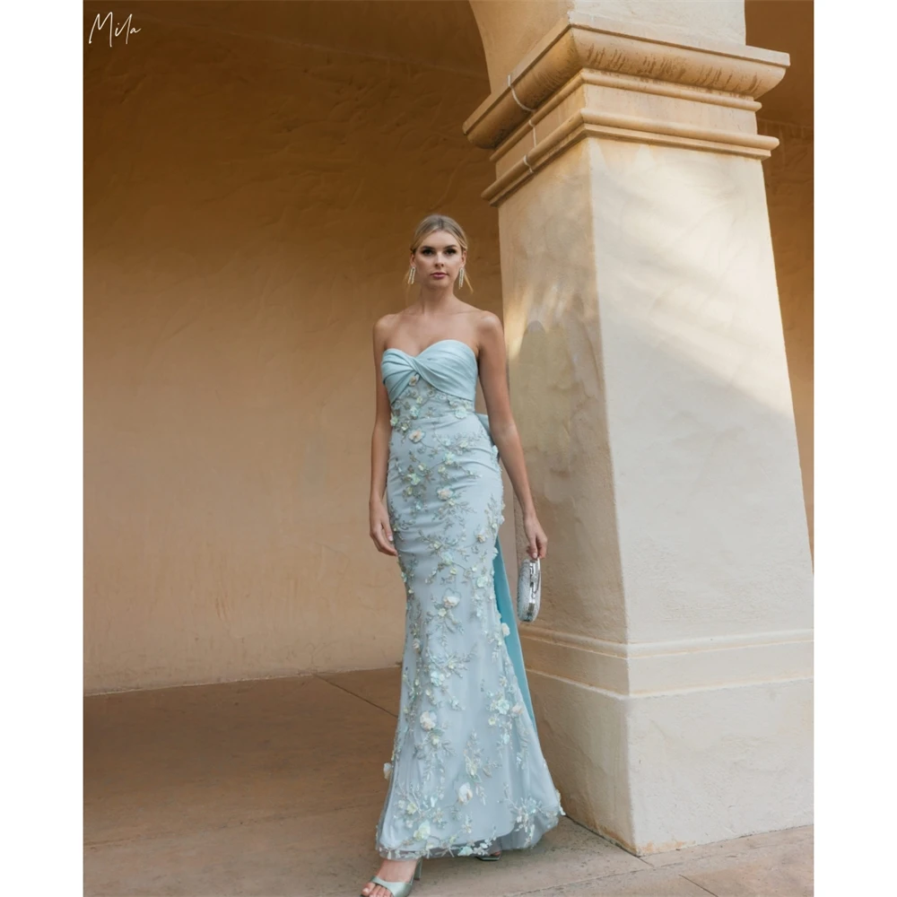 Vestido de Noche Formal Largo sin Tirantes con Lazo de Sirena Azul Personalizado Mila, con Flores 3D, sin Mangas y Espalda Descubierta