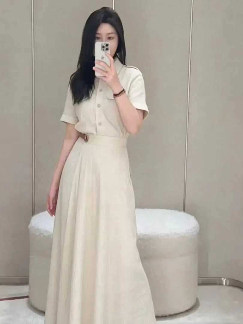 

Casual elegant minimalist style pure linen midi skirt suit