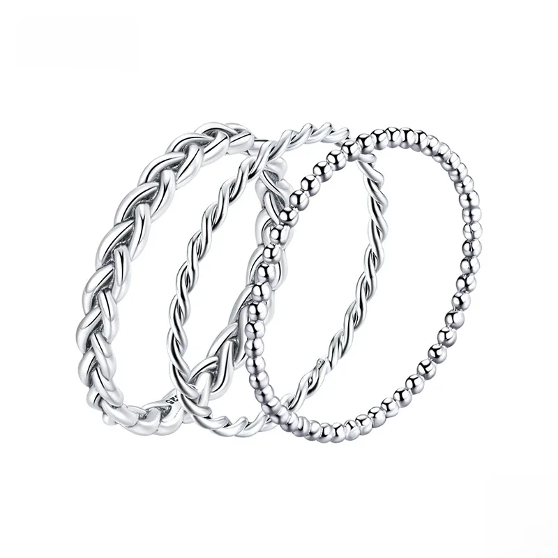 Bamoer 925 Sterling Silver prosty pleciony pierścionek dla kobiet klasyczny elegancki pierścionek do układania w stosy biżuteria ślubna akcesoria nie 925 Logo — zdjęcie 2