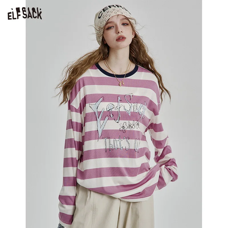 

ELFSACK 2025 Spring New Arrivals Y2K Striped Letters Printed Long Sleeve T-Shirt Women Goth Loose Casual Top