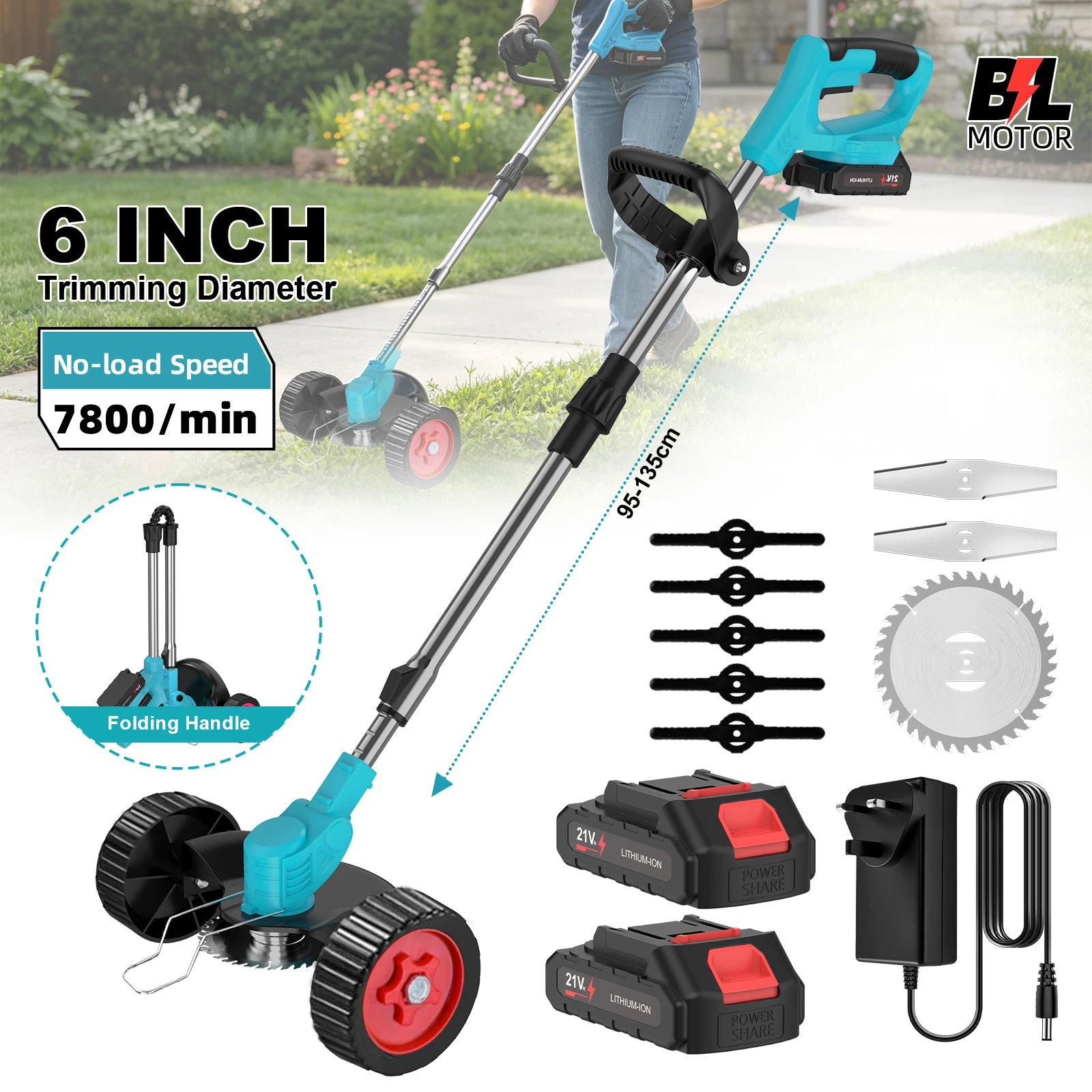 Kabelloser Elektrischer Rasenmäher 7800/min Rasentrimmer Faltbar Einstellbar 100-135cm Garten-Unkrautentfernungs- und Beschneidewerkzeug für Makita 21V Akku