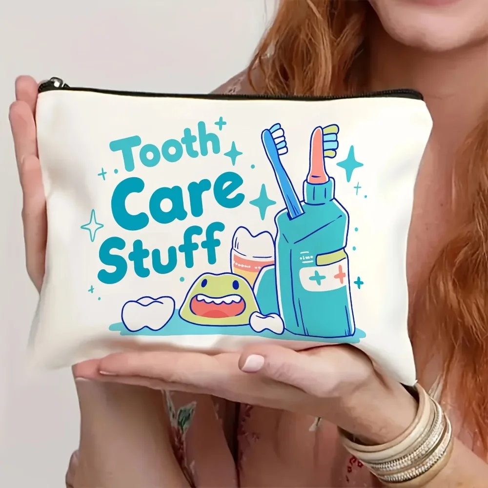 1Pc Fun Dental Care Product, Paired with a Toothbrush and Toothpaste, Retro Design Multifunctional Travel Cosmetic Bag, Snack Storage Bag, Stationery Storage Bag, Stylish Toiletry Bag, Canvas Double-Sided Printed Zipper Pouch