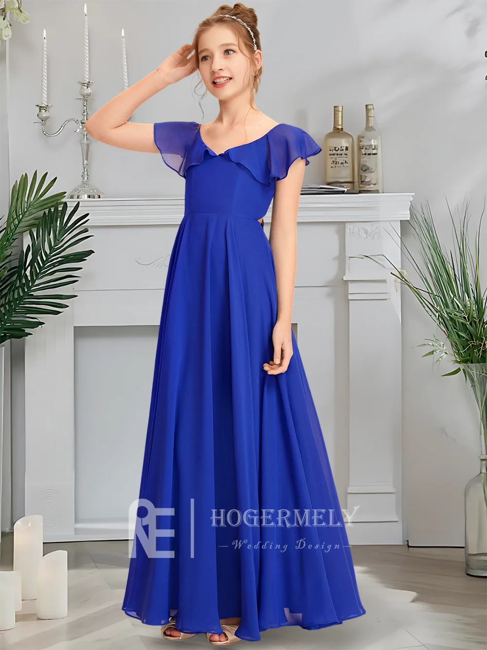 Gaun Pengiring Pengantin Junior Kerah V Mewah Gaun Gadis Bunga Biru Anak-anak Gaun Ruffles Sifon Panjang Lantai Pesta Pernikahan