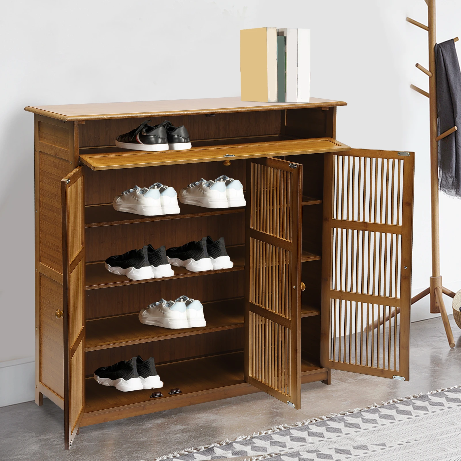 منظم خزانة أحذية من الخيزران مكون من 4 طبقات، خزانة أحذية للمدخل، منظم رف الأحذية مع أبواب مناسبة للمنزل، جديد
