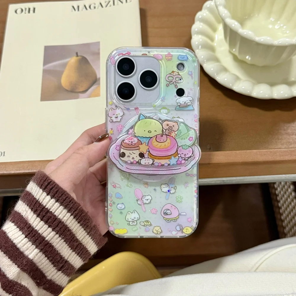 เคสโทรศัพท์มือถือลายการ์ตูนอาหารน่ารัก พร้อมที่ยึดแม่เหล็ก เหมาะสำหรับ iPhone 15 14 13 16 17 Pro Max เคสกันกระแทกสไตล์เกาหลี