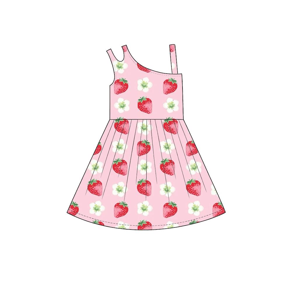 Boutique Girls dress off-shoulder strap and Donut Strawberry Print Casual everyday Wear kids custom wholesale