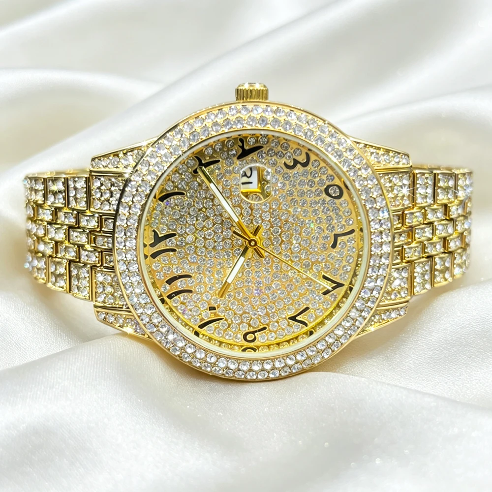 Missfox Luxury Full Diamond Men Quartz Watch GoldBracelet Big Face Arabic Numeral Dial Date Calendar Bling Iced Out Crystal Hip Hop Rapper Business Dress Waterproof Male Wrist Watch Holiday Gift For Men Husband Boyfriend view 5
