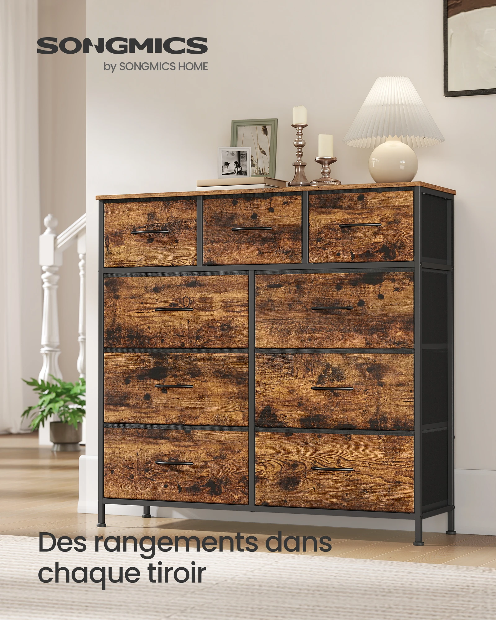 Commode 9 Tiroirs, Meuble de Rangement pour Chambre, Acier, Panneau MDF, Tissu Non-tissé, pour Couloir, Entrée, Salon