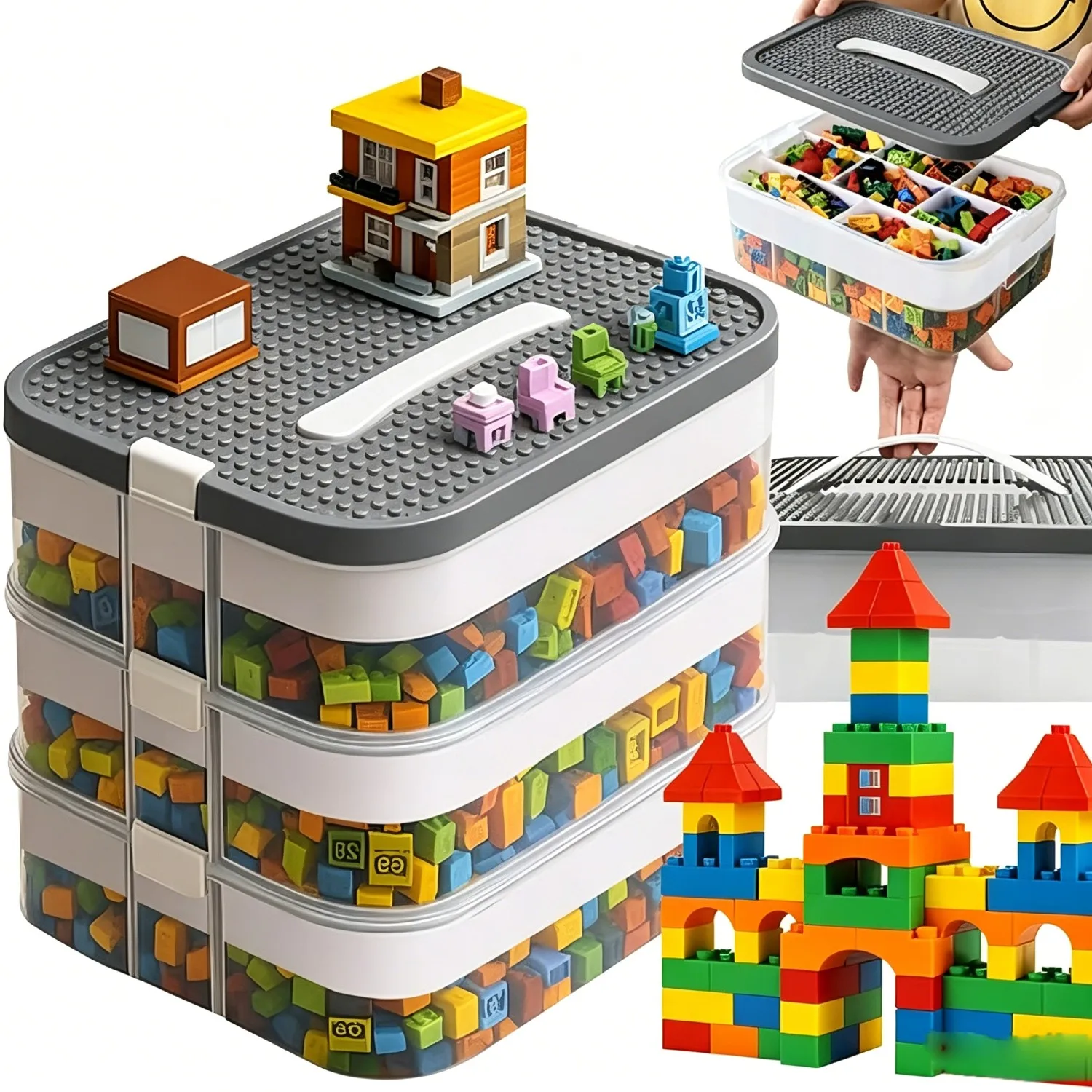 Boîte de rangement pour jouets d'enfants, empilable, organiseur de blocs de construction, compartiments amovibles, conteneur de rangement avec couvercle à compartiments