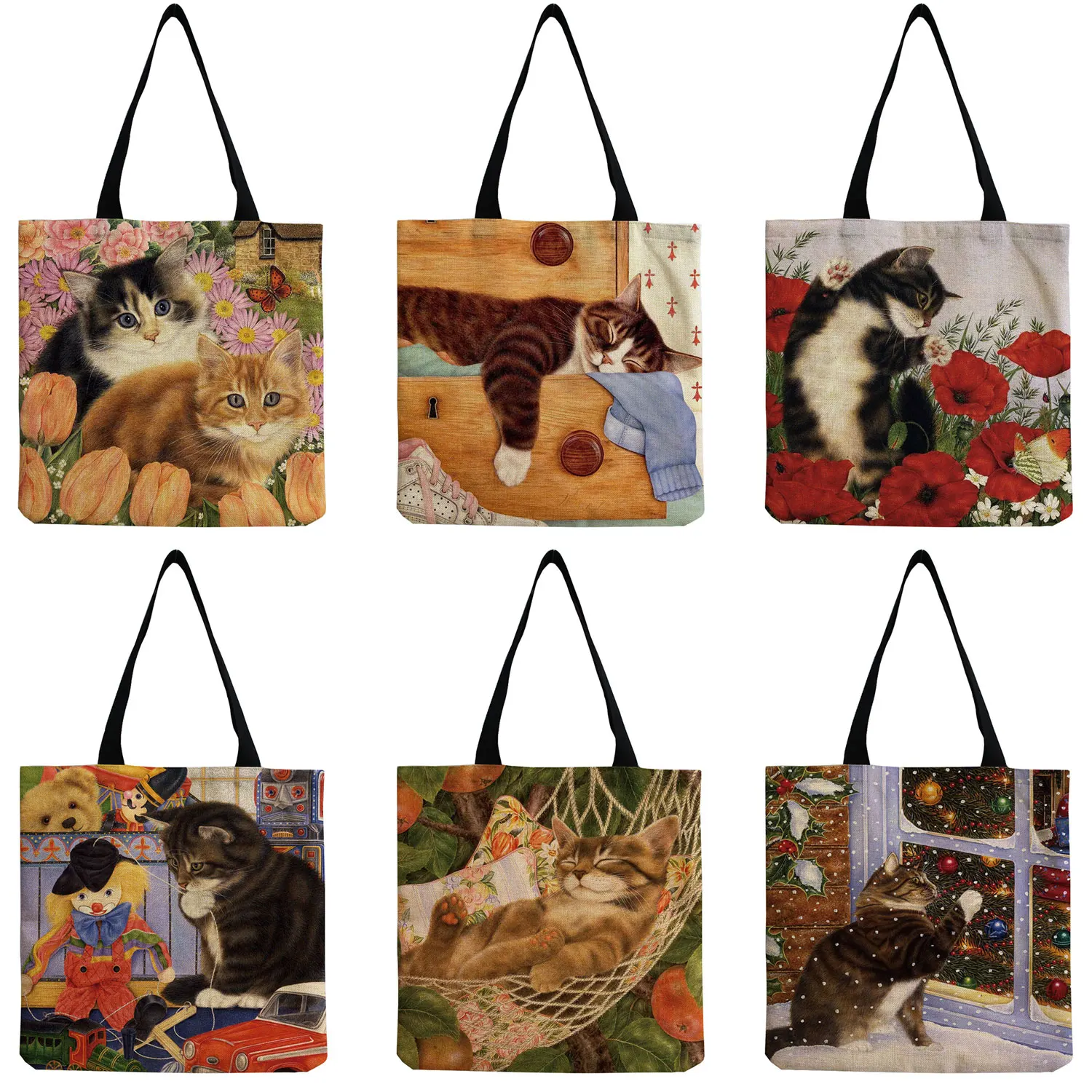 High Capacity Animal Cat Flower Eco Friendly Handbags Women Shoulder Bag Outdoor Beach Travel Tote Bag Cartoon Print Tote Bag