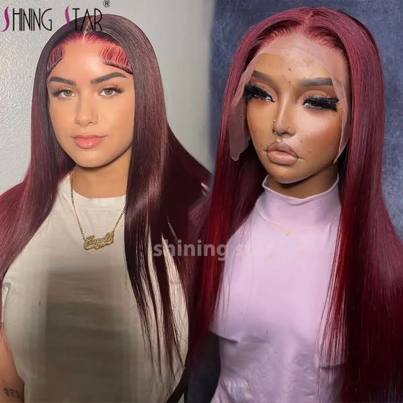 

99J Dark Burgundy Lace Front Human Hair Wig 34Inch 13X6 Straight Lace Frontal Wigs Hd Transparent Lace Colored Red Wig For Wome