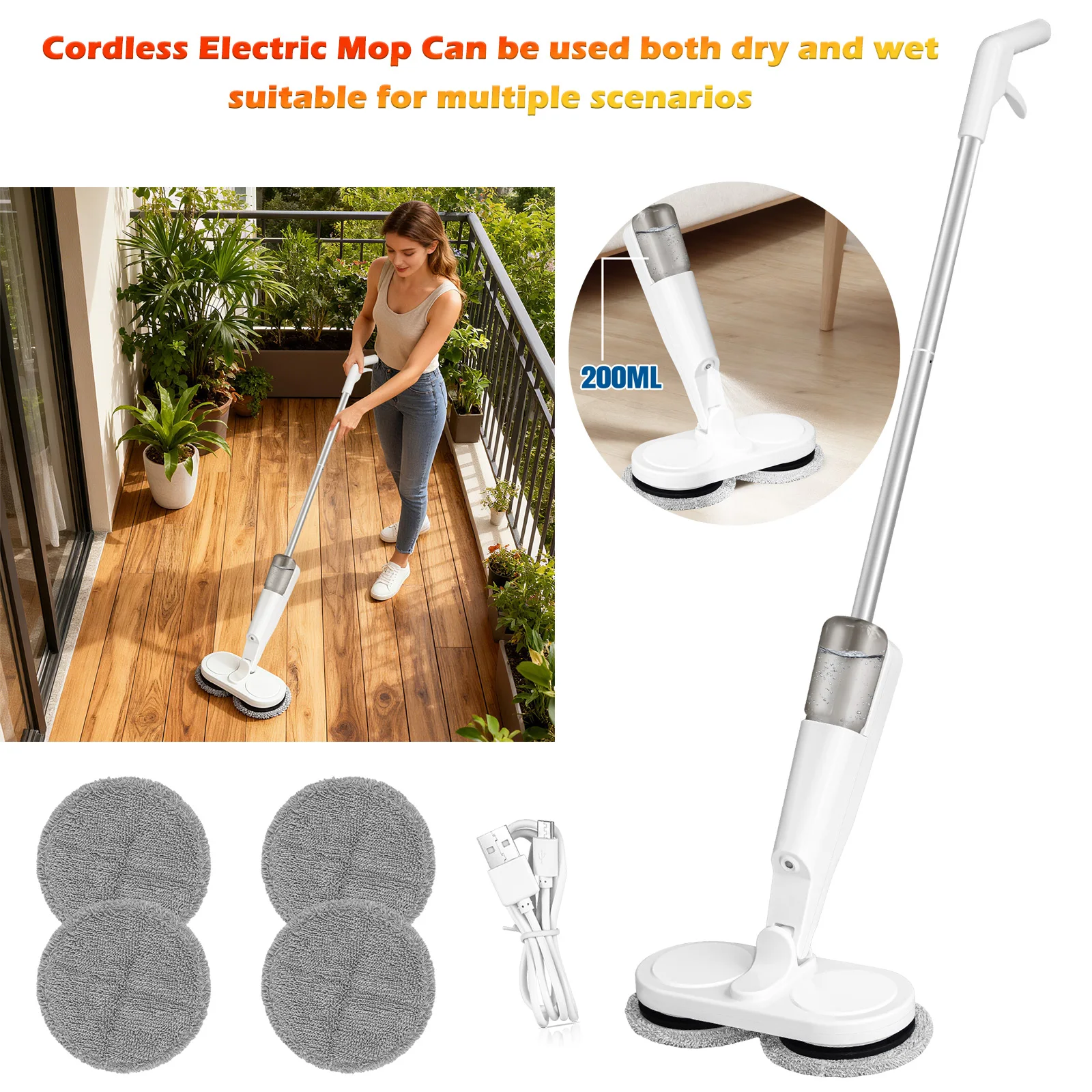 Mop Rotante Senza Fili Leggero da 1,2 kg, con Serbatoio Spray da 200 ml – Pulitore per Pavimenti Bagnati/Asciutti per Legno, Piastrelle e Laminato – R