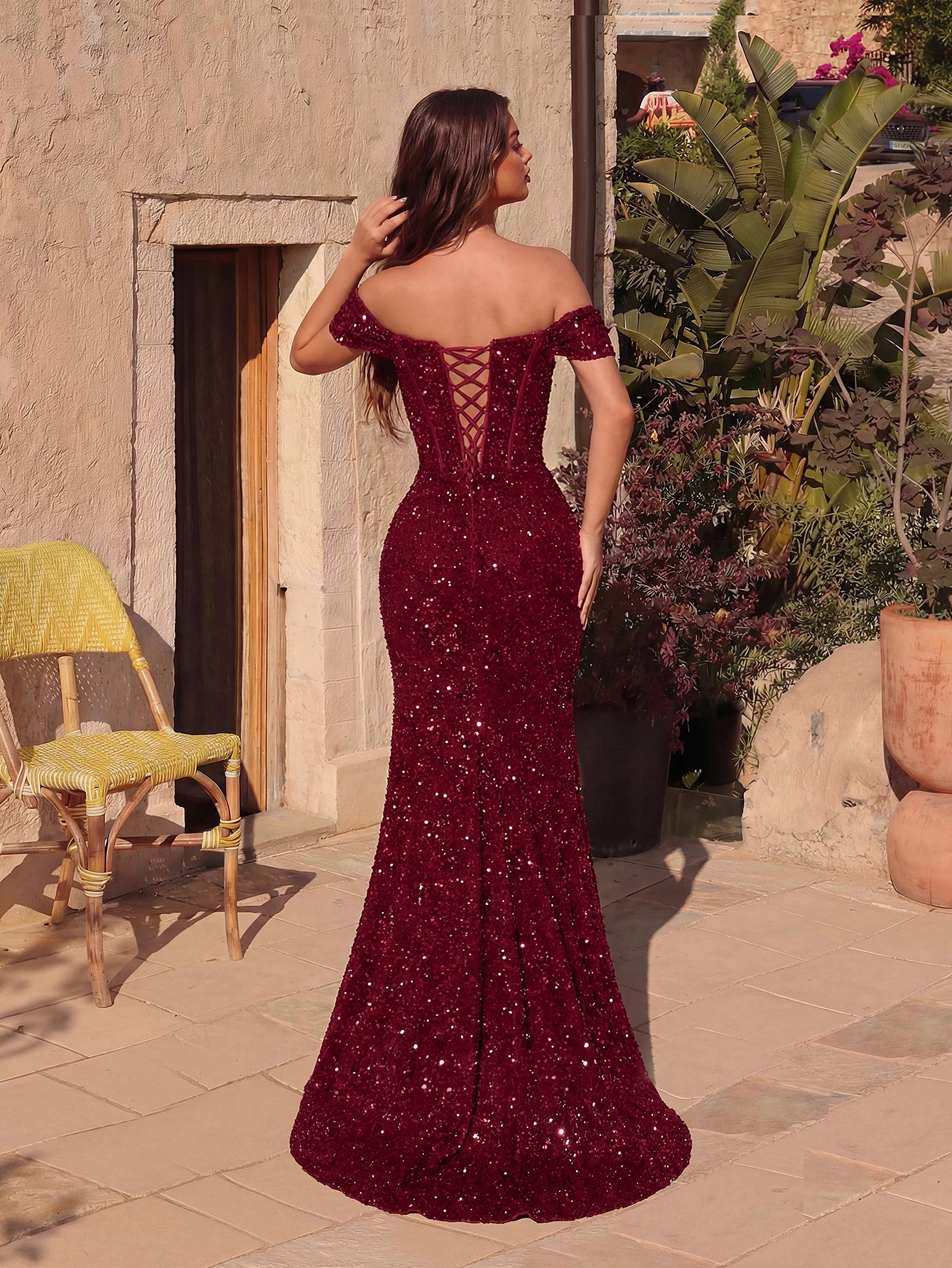 Adyce Elegant Off Shoulder Long Prom Dress Sheer Fishbone High Waist Slit Backless Tie Up Maxi Formal Bridesmaid Dress Evening