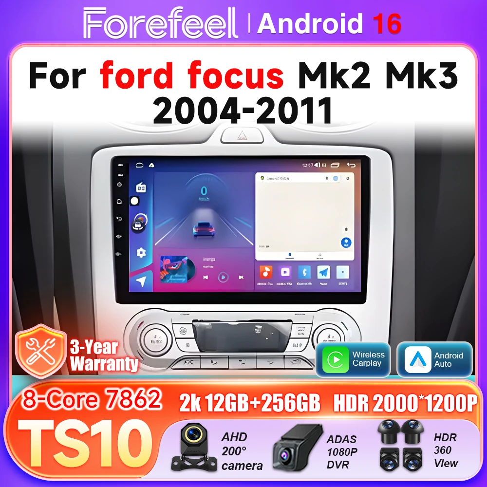 Rádio Automotivo Android 16 para Ford Focus 2 3 Mk2 Mk3 2004 2005 - 2010 2011, Reprodutor Multimídia Carplay, GPS, Unidade Principal RSD, Estéreo BT