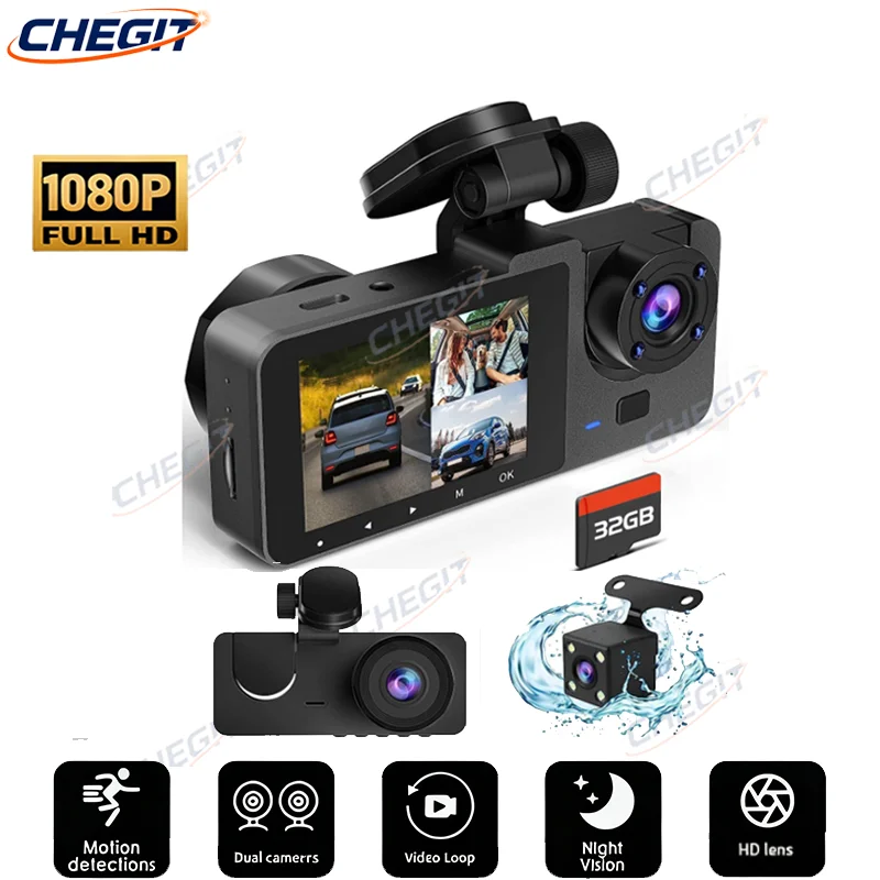 كاميرا داش ثلاثية العدسات، كاميرا سيارة أمامية وخلفية 1080P FHD 2/3 قناة، تحكم في تطبيق WiFi، رؤية ليلية، بطاقة 64G اختيارية #1