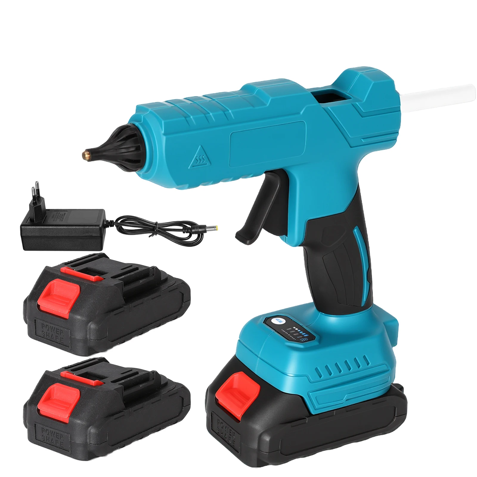 Pistola per colla a caldo senza fili 18V, colore blu, set completo, portatile, strumento elettrico senza fili, riscaldamento rapido, ugello in rame anti-goccia, ideale per lavori di bricolage,