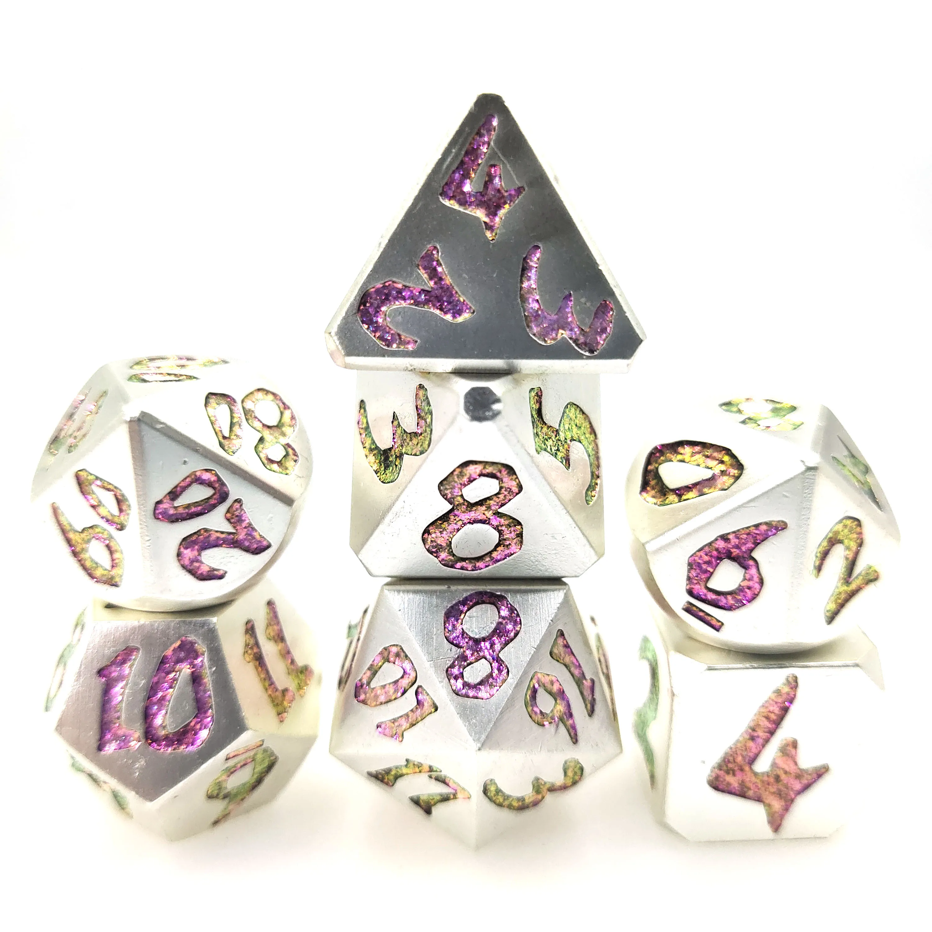 

7Pcs Multicolour DND Dice Set Sharp Edge Handmade Polyhedral Metal Dice for Multi-Sided RPG D6~D20