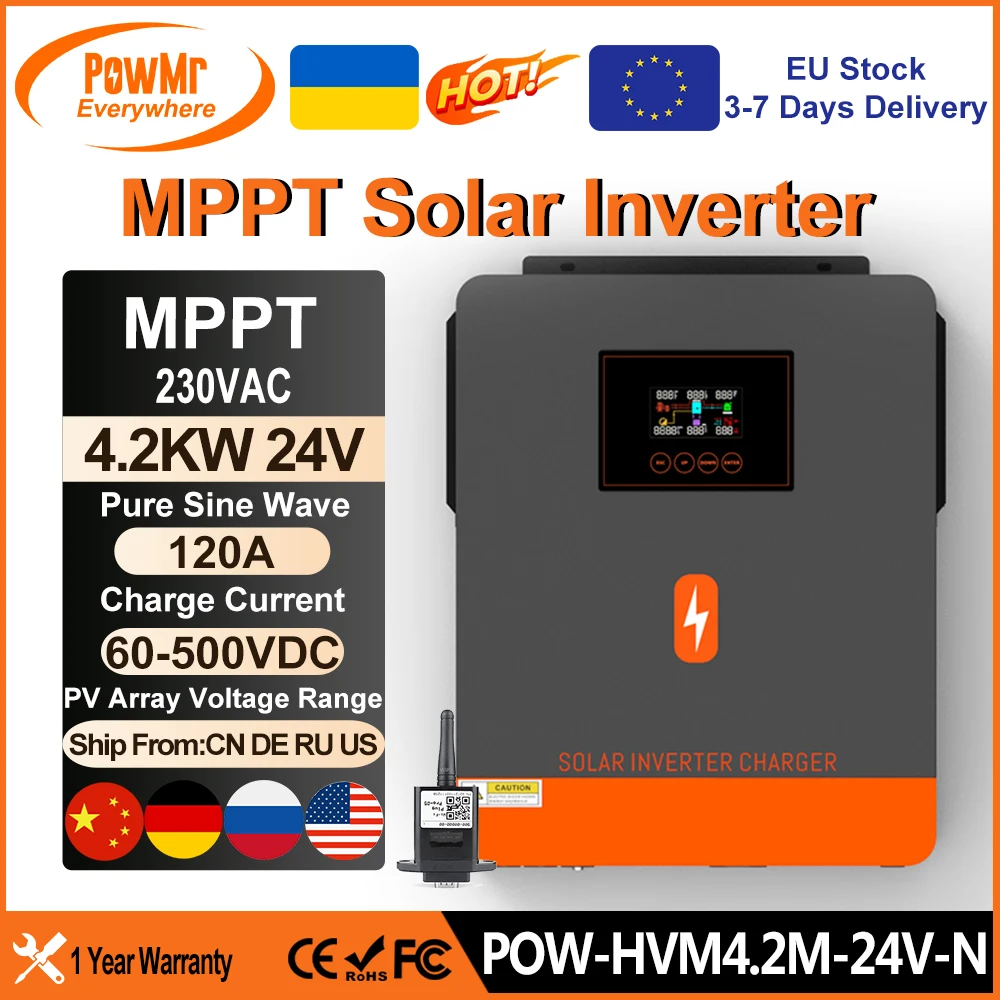 PowMr 4.2KW 24V MPPT Hybrid Solar Inverter With 120A Solar Charge Controller 230Vac Output PV Range 60~450VDC Input Support WIFI