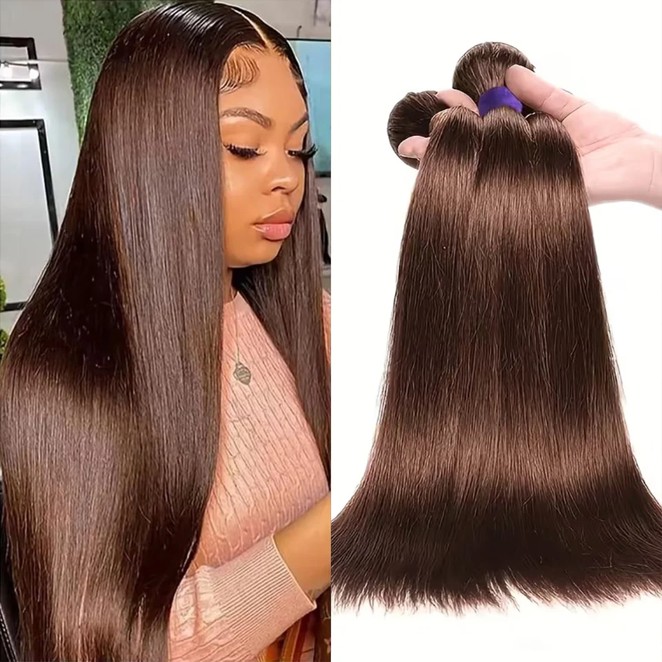 Juego de extensiones de cabello lacio marrón Belextens, 1/3/4 piezas, color #4, brasileño, chocolate, tejido