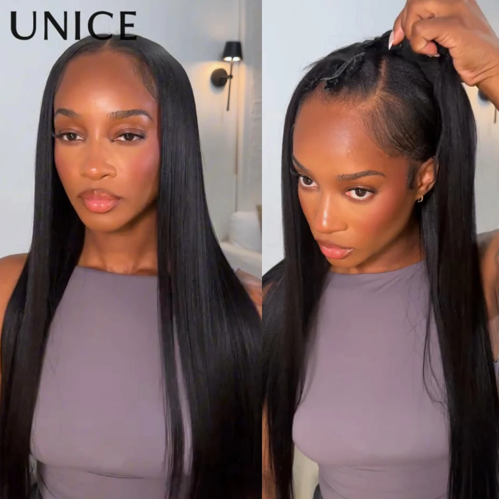 UNice Hair InvisiBlend Yaki Straight V Part Wigs With Drawstring 100% Human Hair Clip-in Glueless Half Wigs for Beginner