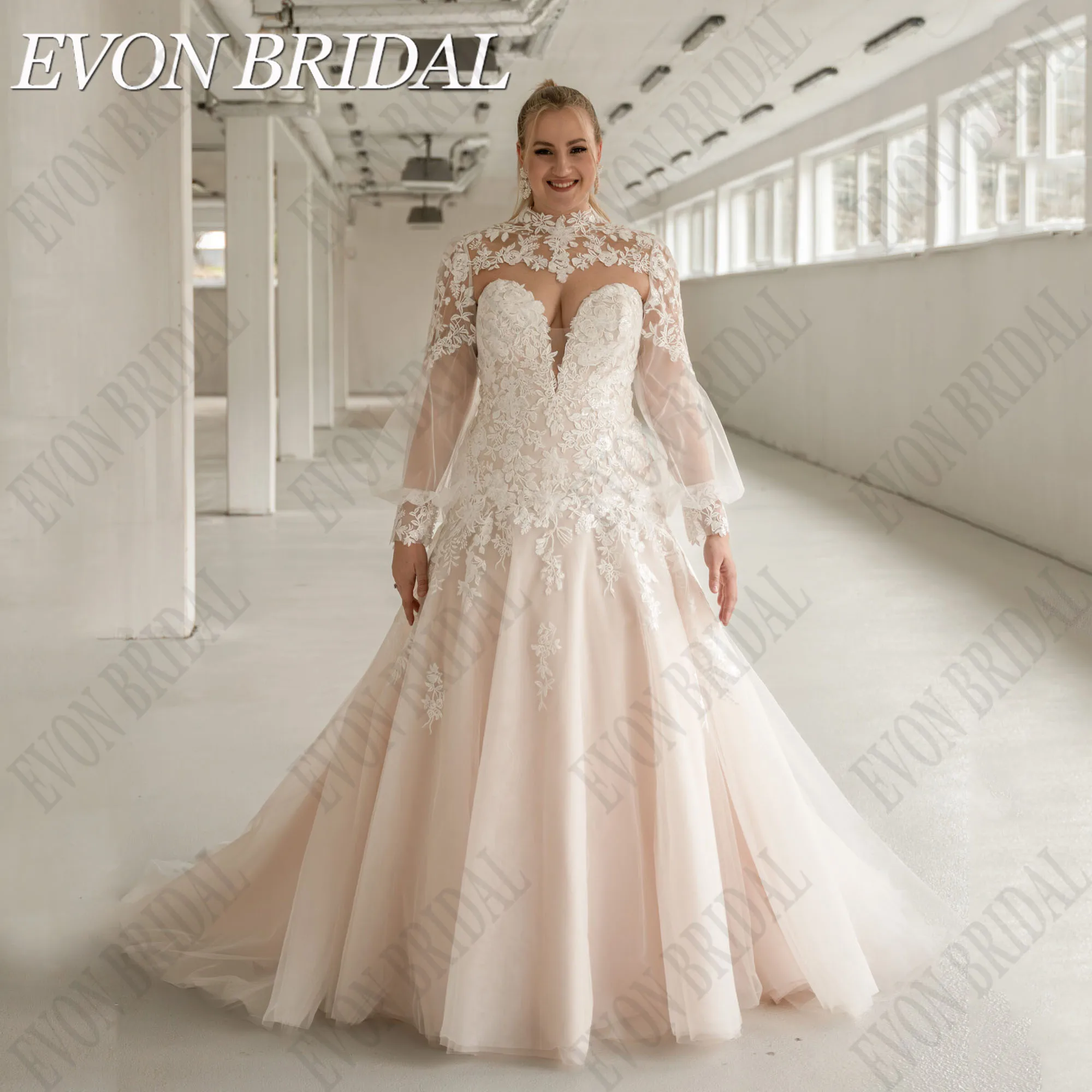 

EVON BRIDAL Luxury Plus Size Wedding Dress Mermaid High Neck Lace Up Bride Gowns Applique Detachable Puff Sleeves Sweep Train