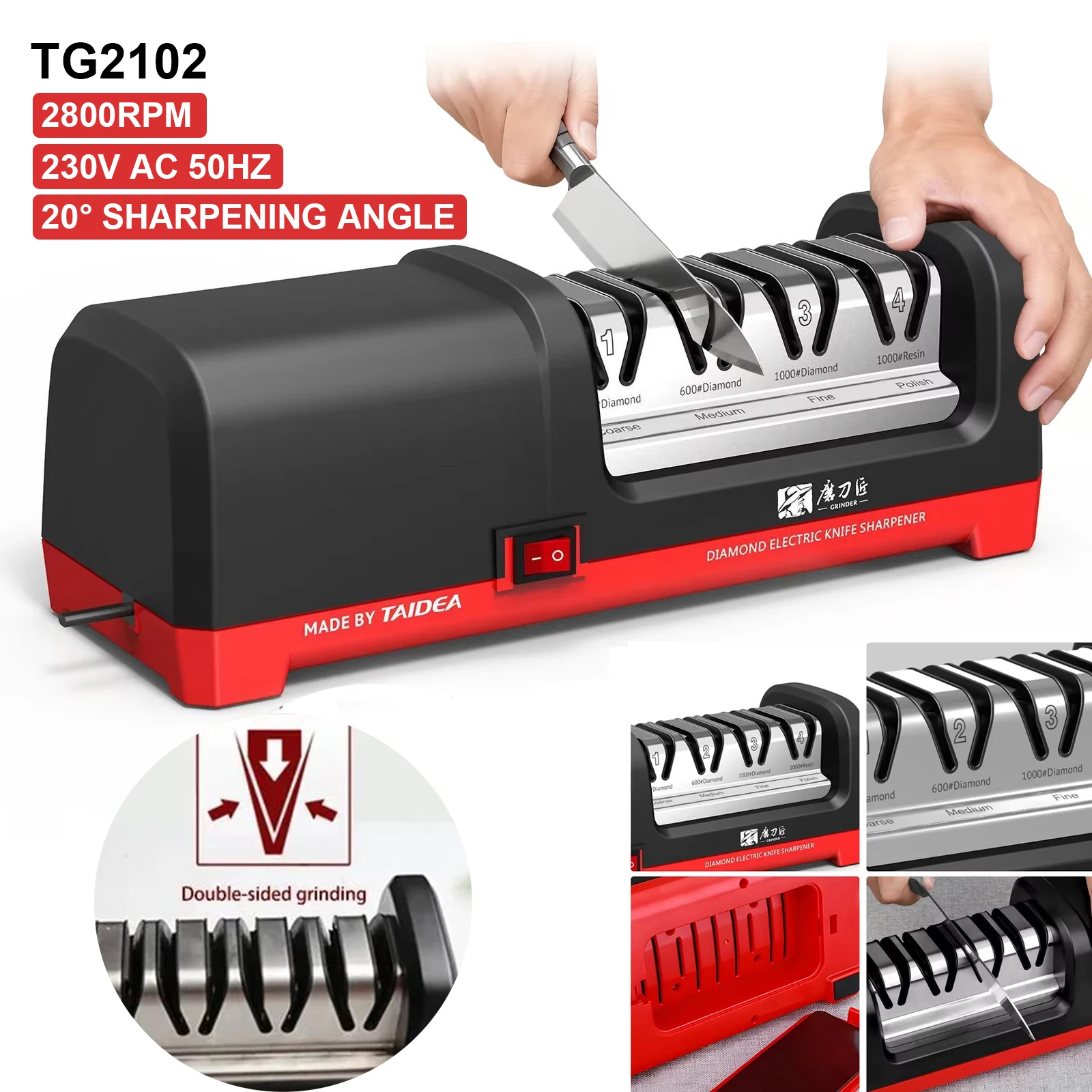 TG2102 Affûteur de couteaux électrique à 4 étages Affûteur de couteaux à bord de meulage à 20 degrés pour couteaux de cuisine avec affûtage et polissage