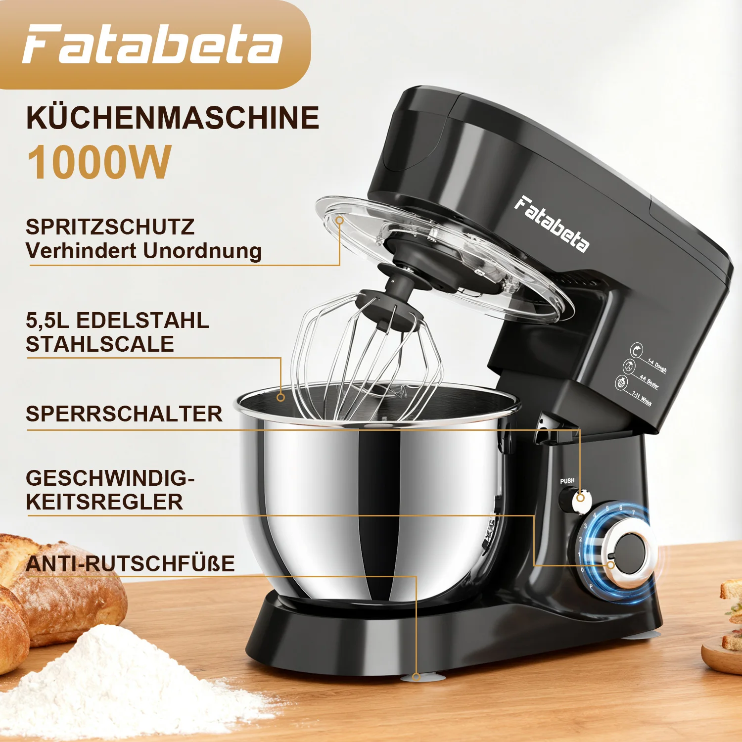 Batidora Eléctrica de Pedestal de 5.5L, 1000W, 11 Velocidades, 3 en 1 (Batir, Amasar y Mezclar), Patas Antideslizantes, Bloqueo de Seguridad, para Hornear/Regalo