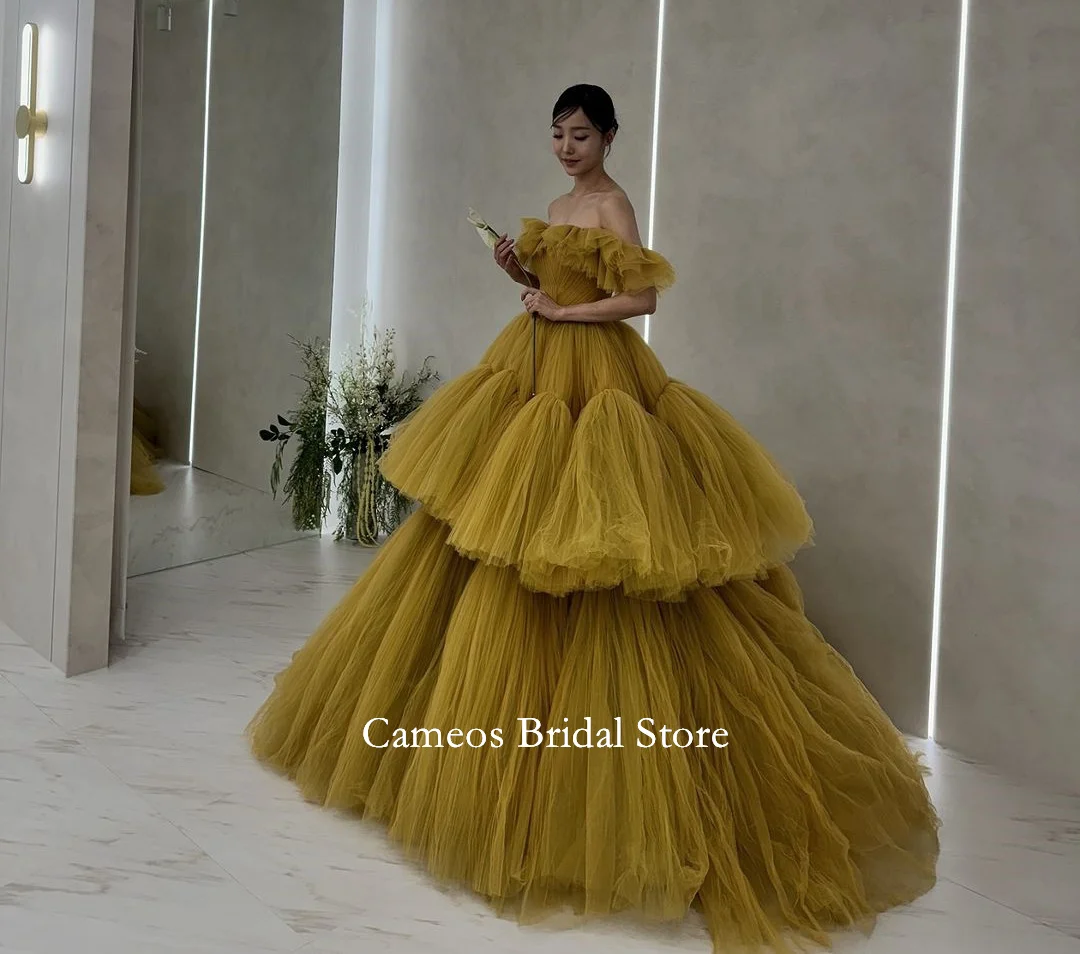 SONDR Off Shoulder Party Korea Evening Dress Customized Formal Prom Dress Tulle Tiered Short Sleeves Evening Gown Bridal