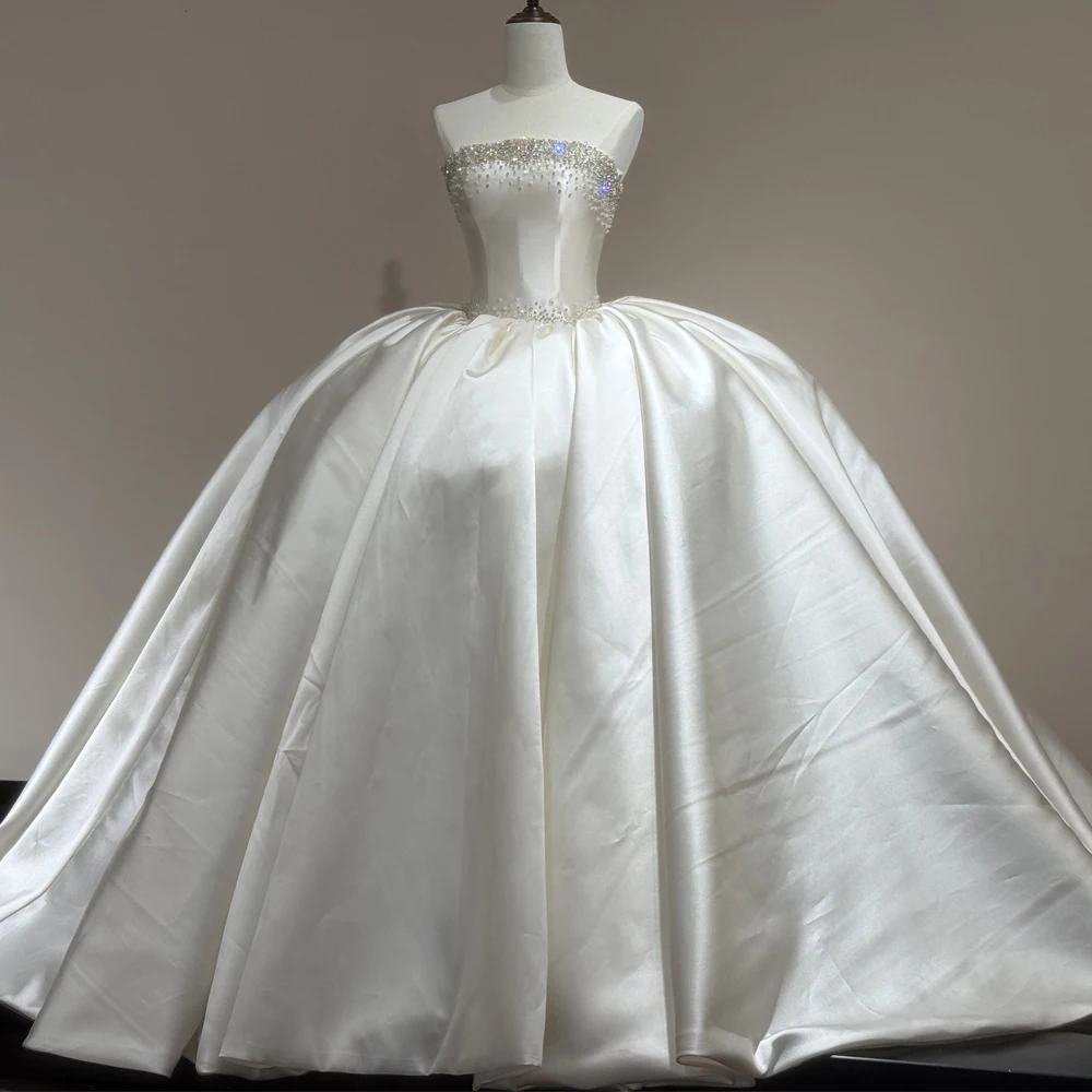 Minimalist Wedding Dress Korea Beading Crystal Ball Gown Satin Strapless Customized Bridal Wedding Gown