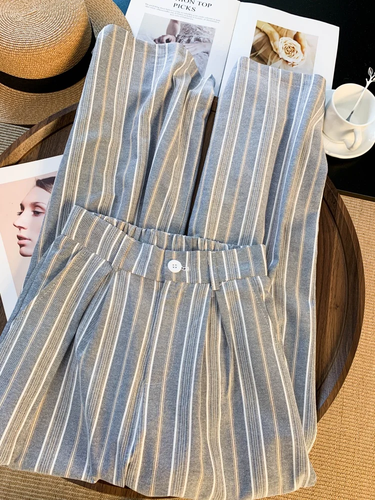 Pantalon à jambes larges à rayures grises pour femmes, nouvelle collection automne 2023, Chic coréen, bureau, fille, taille haute, tombant, pantalons décontractés