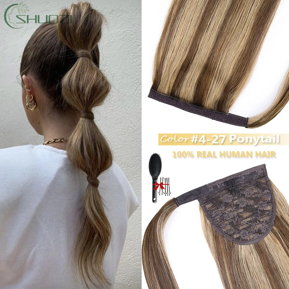 

Ponytail Extension Human Hair Wrap Around Ponytail Hair Extensions Dark Brown Highlight Strawberry Blonde Ponytail Human Hair