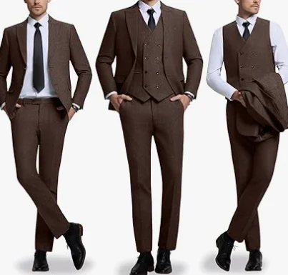 Men 3 Piece Suit Tweed Herringbone Double-Breasted Wedding Tuxedos Size  Men Clothing
