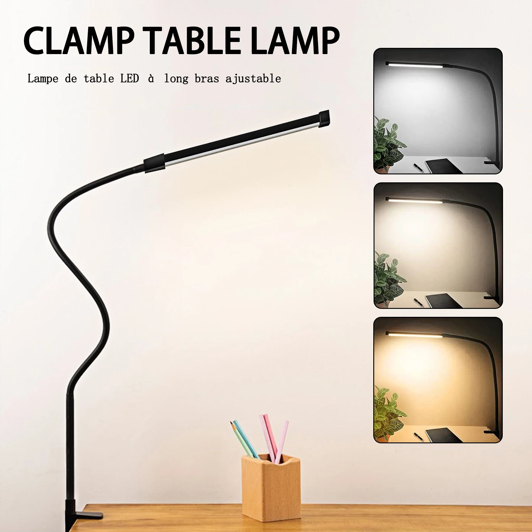 LED Clip on Desk Lamp Fixed 2M Cable 3 Color Temperatures 10 Brightness Light Adjustment Clamp Table Lamp