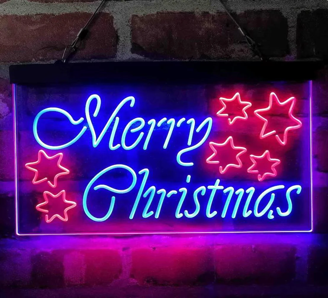 Custom Dual Color LED Neon Sign, Feliz Natal Estrelas Decoração, Luz de néon, Feliz Natal, Presente