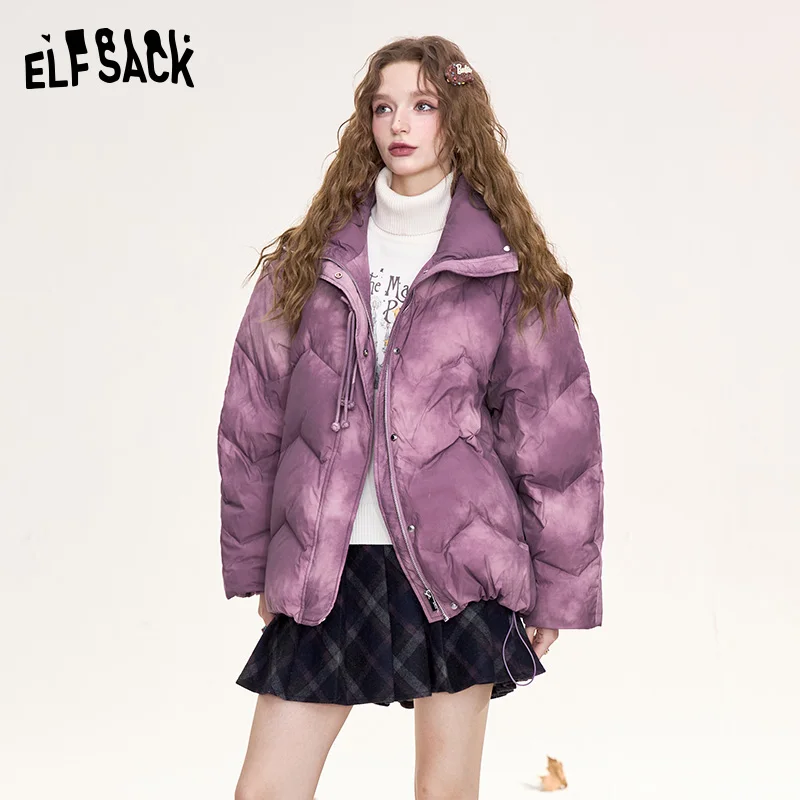 

ELFSACK 2024 Winter New Arrivals Retro gradient purple frog design short down jacket for women