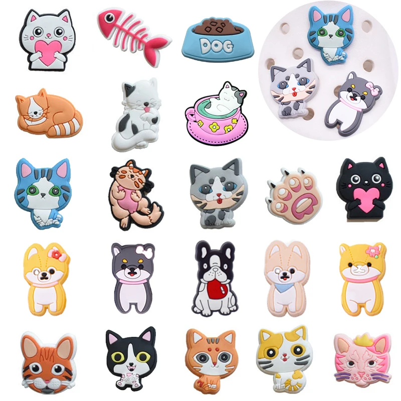 Sale 1Pcs Cute Cat Dog Shoe Charms for Crocs Accessories Charms Bracelet Wristband Decoration Adults Party Favor Gifts