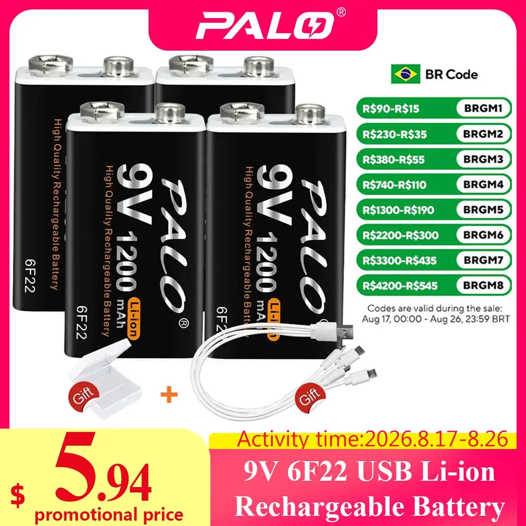 Palo 9v bateria recarregável 1200mah 6f22 micro usb 9v li-ion baterias de lítio para multímetro microfone brinquedo controle remoto ktv