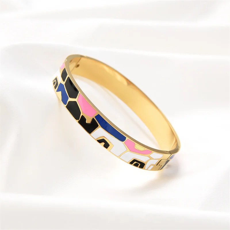 Top Selling Popular Stainless Steel Open Bangle For Women Gold Geometric Colorful Enamel Painted Bangles Wedding Jewelry Gifts