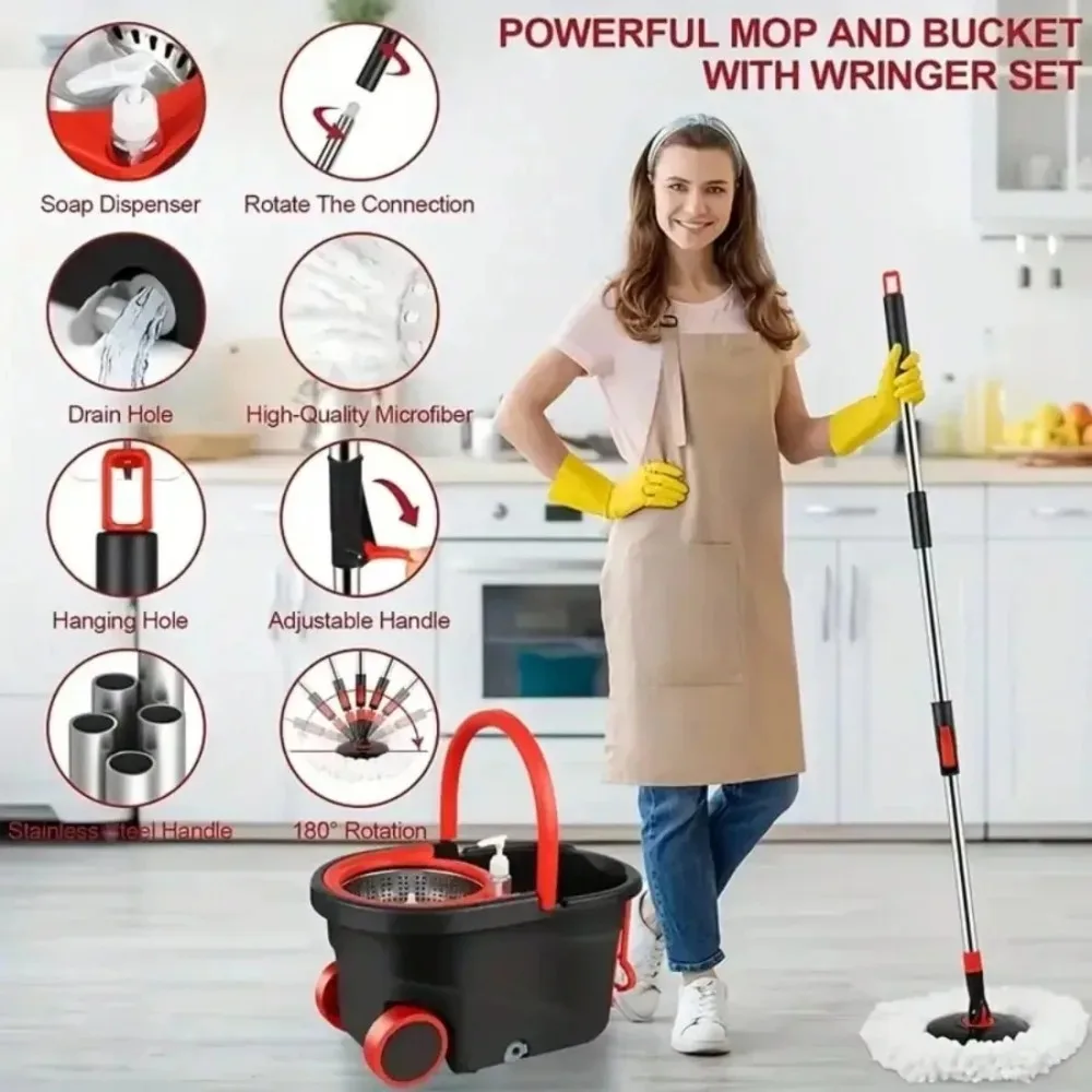 

360° Spin Mop & Bucket Set, Self-Wringing Floor Cleaning System with 3 Microfiber Mop Heads