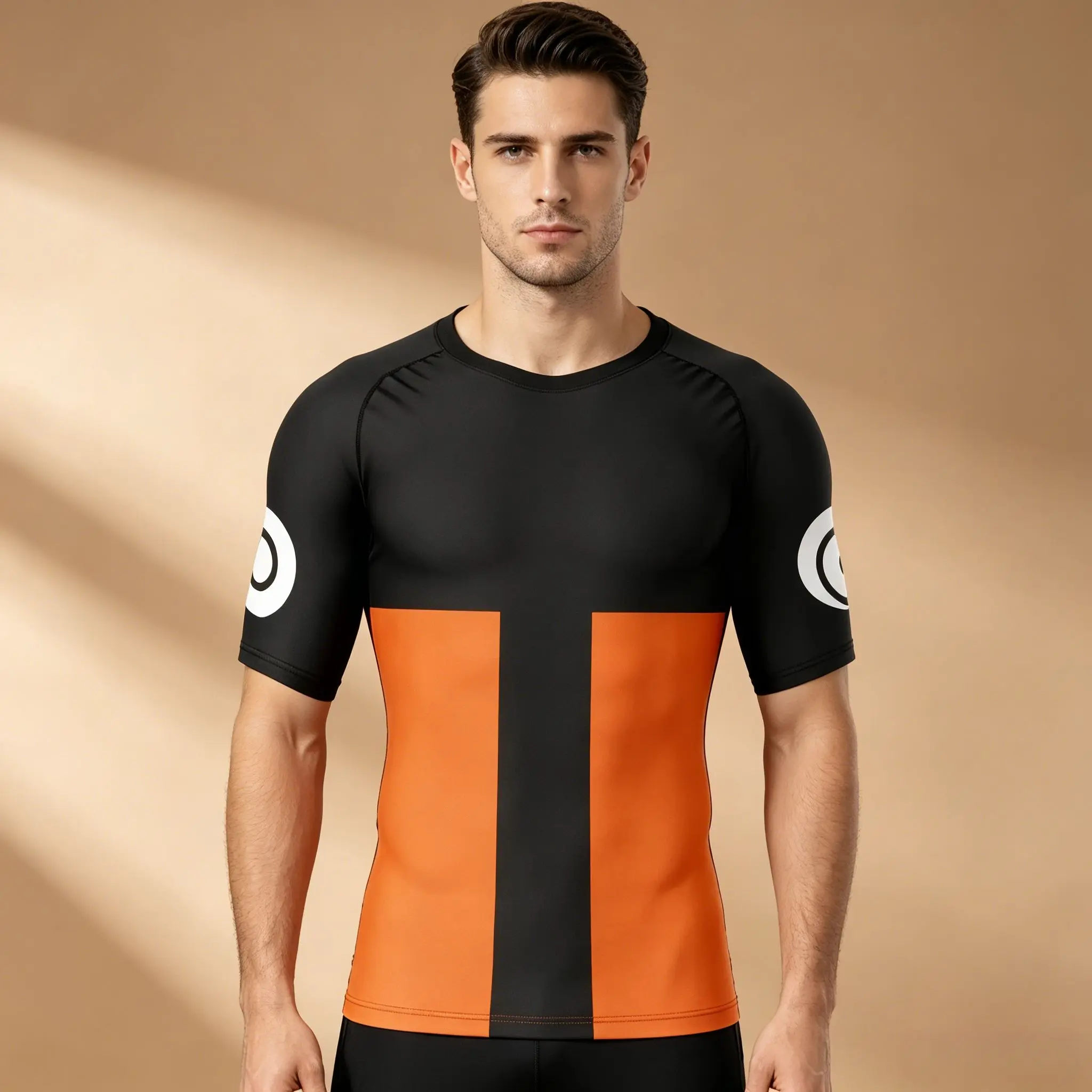 Herren Anime Kompressions-Rashguard T-Shirt, Naruto Uzumaki Clan Logo Schwarz Orange Zweifarbig Beidseitig Bedruckt Dehnbar Schnelltrocknend